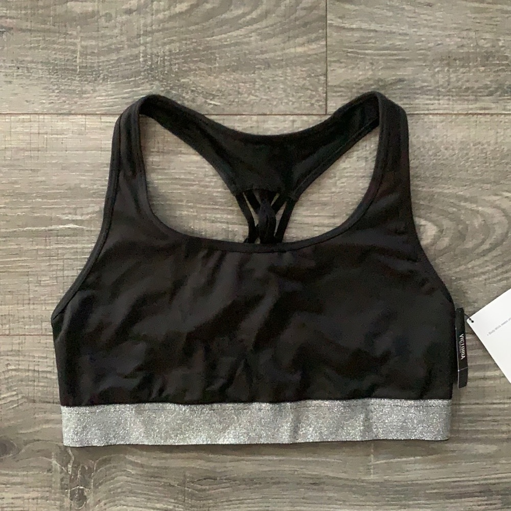 BNWT-Victoria’s Secret-Black/Silver-The Player-Size M Racerback Sports Bra